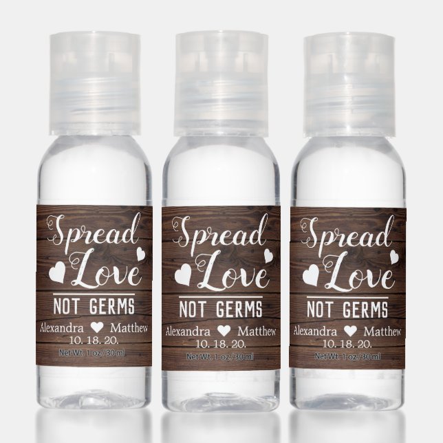 Spread Love Not Germs Rustic Wood Wedding Hand Sanitizer (Set)