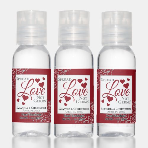 Spread Love Not Germs Silver  Red Wedding Favor Hand Sanitizer