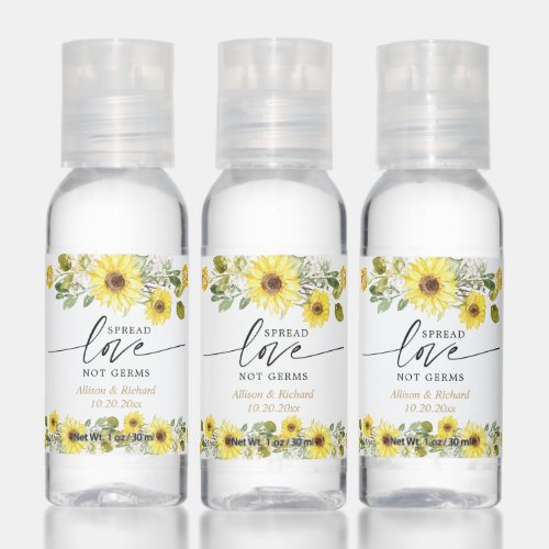 Spread love not germs sunflower wedding favors hand sanitizer