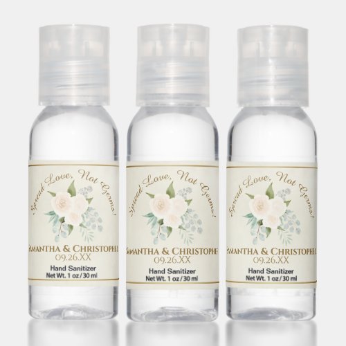 Spread Love Not Germs White Roses Wedding Favor Hand Sanitizer