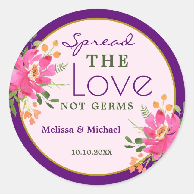 Spread Love Purple Pink Floral Wedding Favor Classic Round Sticker (Front)