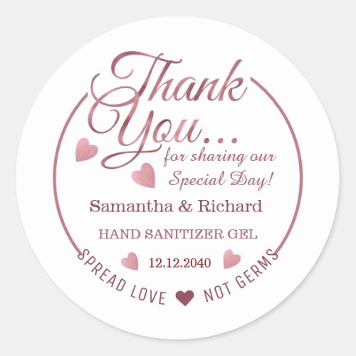Spread Love Rose Gold Thank You Sanitizer Favor  Classic Round Sticker