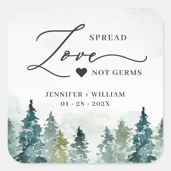 Spread Love Rustic Pine Forest Wedding Sanitizer Square Sticker