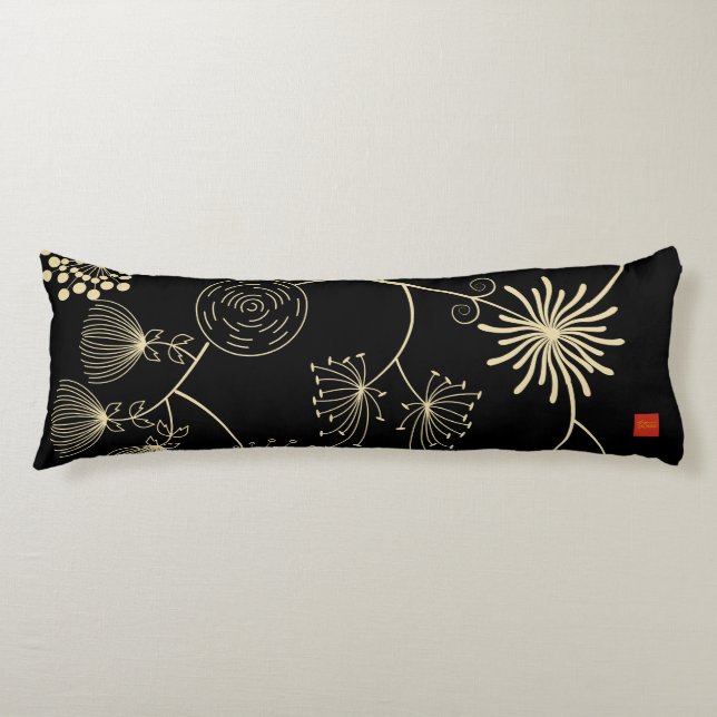 `Spread of Love` Golden Black Abstract Flowers Body Pillow (Front)