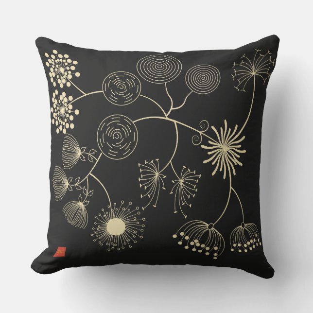 `Spread of Love` Golden Black Abstract Flowers Outdoor Pillow (Front)