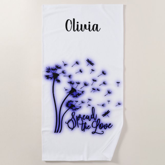 Spread The Love Dandelions and Dragonflies Beach Towel (Front)