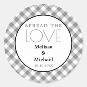 Spread The Love Gray Gingham Wedding Favor Classic Round Sticker