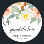 Spread the Love Peach Floral Wedding Favor Classic Round Sticker<br><div class="desc">Botanical wedding favor stickers with a top border consisting of watercolor painted roses in peach, white and beige with leaves. Below is the message, "Spread the Love" in a thick handwritten script and your names and date in a serif font. These stickers are perfect for a garden wedding in the...</div>