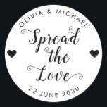 Spread the Love Wedding Party Jam Jelly Jar Favor Classic Round Sticker<br><div class="desc">A Classic Black Wedding Jam Jelly Jar Favor Label Sticker featuring "Spread the Love" in a rustic modern elegant font calligraphy and heart accents. 
You can easily personalized it with your names and wedding date.</div>