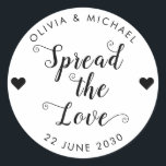 Spread the Love Wedding Party Jam Jelly Jar Favor Classic Round Sticker<br><div class="desc">A Classic Black Wedding Jam Jelly Jar Favor Label Sticker featuring "Spread the Love" in a rustic modern elegant font calligraphy and heart accents. 
You can easily personalized it with your names and wedding date.</div>