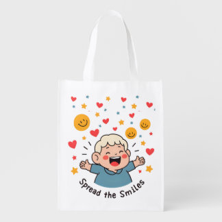Spread the Smiles – Cute & Cheerful Doodle Cartoon Grocery Bag
