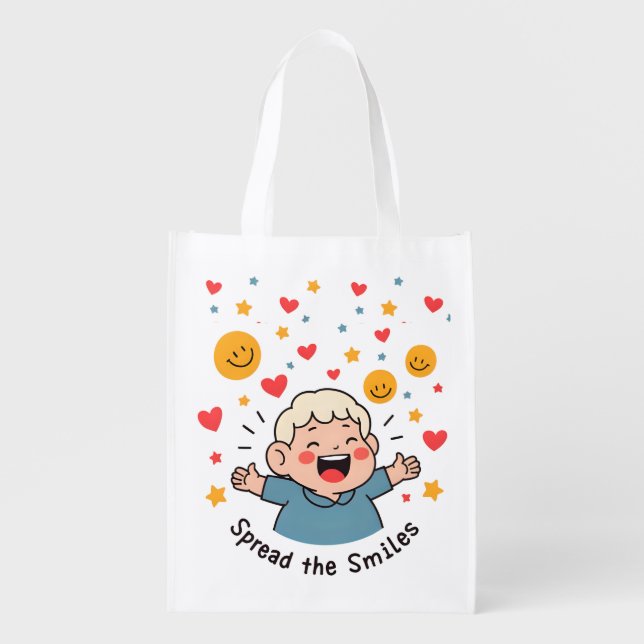 Spread the Smiles – Cute & Cheerful Doodle Cartoon Grocery Bag (Front)
