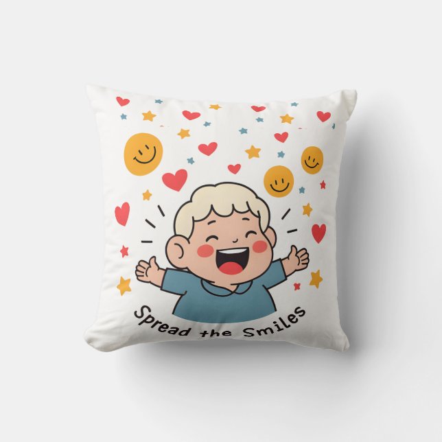 Spread the Smiles – Cute & Cheerful Doodle Cartoon Throw Pillow (Front)