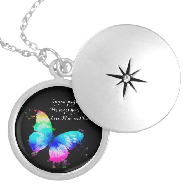 Spread your wings colorful watercolor butterfly locket necklace (Front)