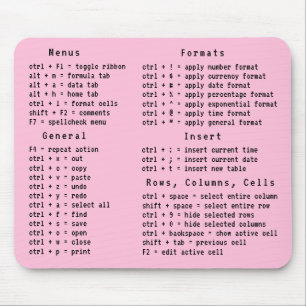Spreadsheet Office Keyboard Shortcut Pink Mouse Pad
