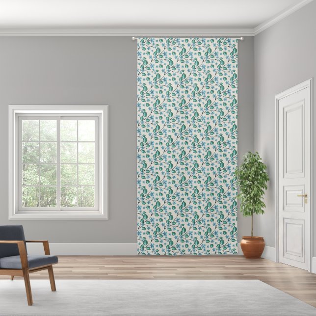 Sprigs with green leaves and blue flowers. blackout curtains (Wide)