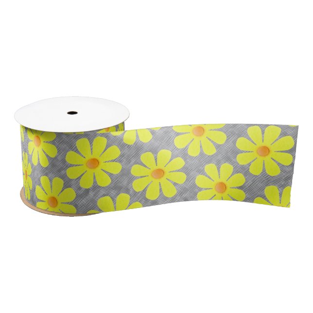 Sprin yellow flowers on gray background satin ribbon (Spool)