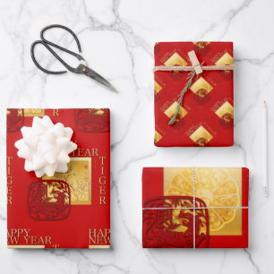 Spring 12 Zodiac Signs Yin Yang Tiger Year WP3P Wrapping Paper Sheets