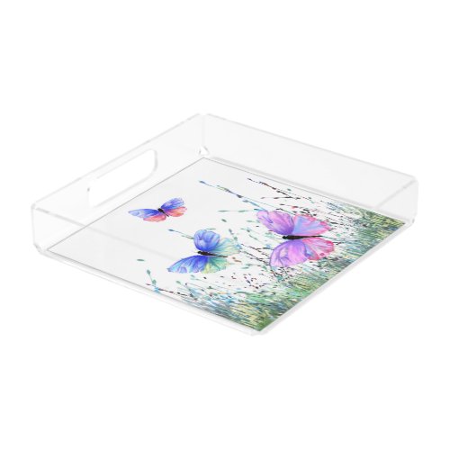 Spring Acrylic Tray Butterflies Flying in Nature