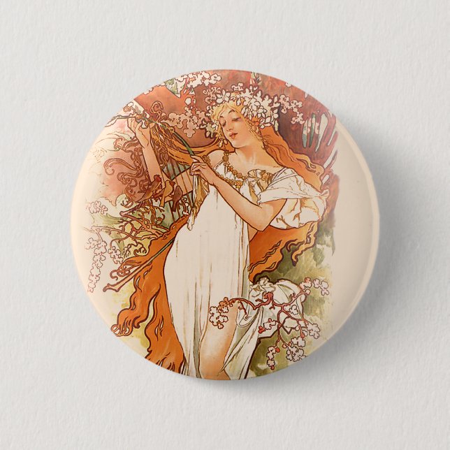 Spring - Alphonse Mucha Art Nouveau Pinback Button (Front)