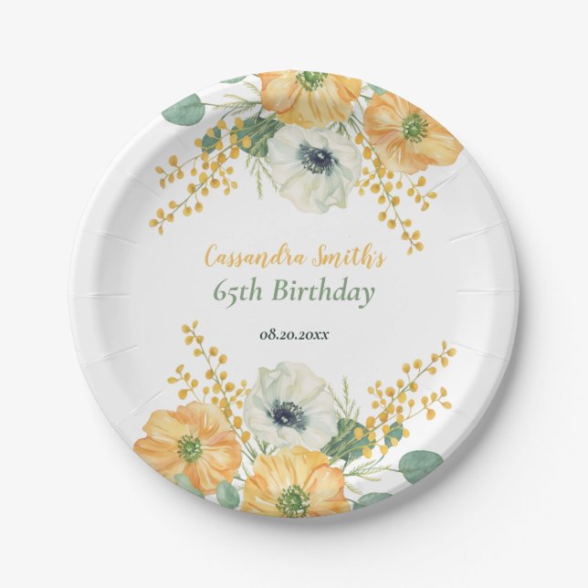 Spring  Anemone Flower Orange & White  Birthday  Paper Plates (Front)