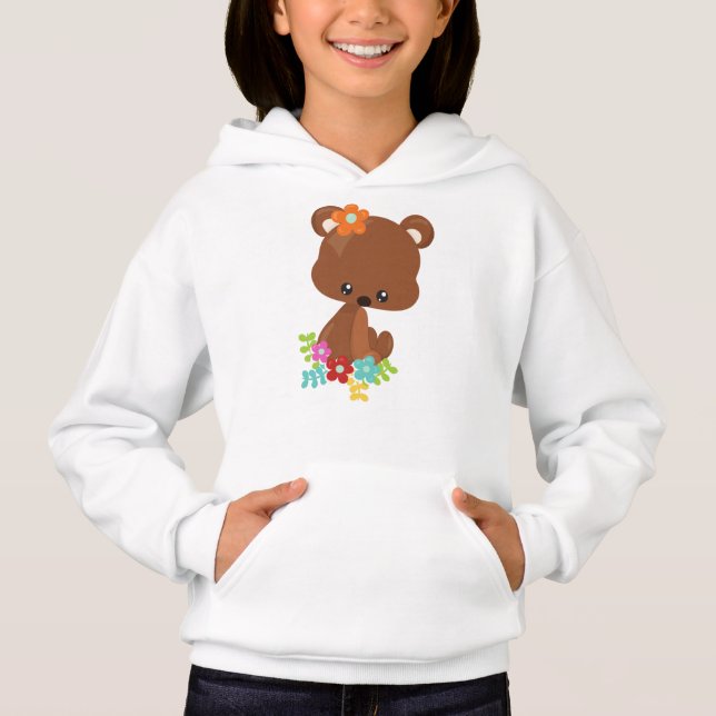 Spring Animals, Cute Bear, Little Bear, Flowers Hoodie (Front)
