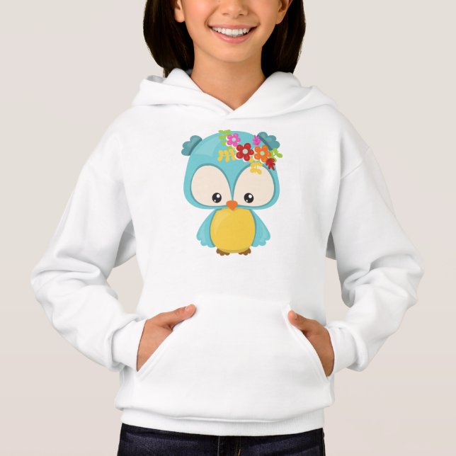 Spring Animals, Cute Owl, Little Owl, Flowers Hoodie (Front)