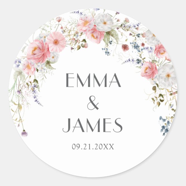 Spring Arch Wildflowers Pink White Wedding Classic Round Sticker (Front)