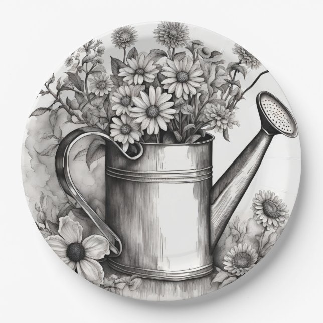 Spring Art, Watering can, Black & white art  Paper Plates (Front)