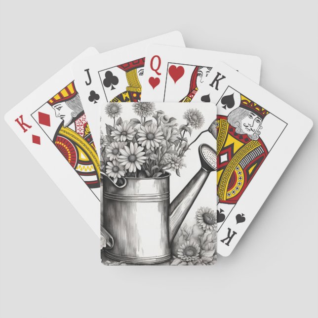 Spring Art, Watering can, Black & white art  Poker Cards (Back)