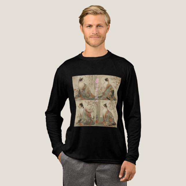 "Spring at Dawn" Japanese Cat in Kimono Art Tri-Blend Shirt (Full Front)