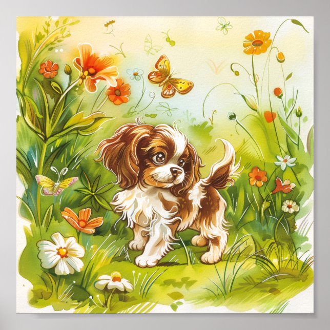 Spring awakening: a puppy under butterflies poster (Front)