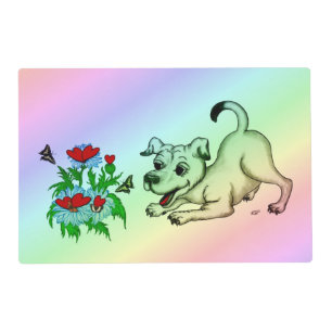 Spring Awakening, Puppy with Flowers and Butterfl Placemat