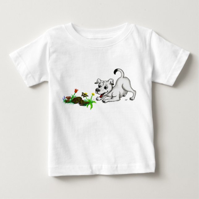 Spring Awakening, Puppy with Flowers and Butterfly Baby T-Shirt (Front)