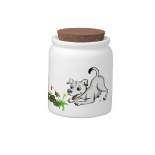 Spring Awakening, Puppy with Flowers and Butterfly Candy Jar