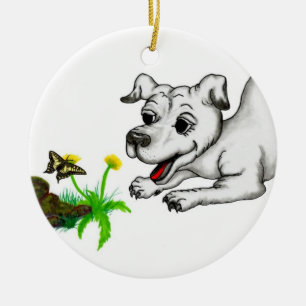 Spring Awakening, Puppy with Flowers and Butterfly Ceramic Ornament