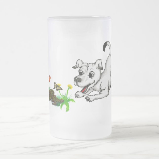 Spring Awakening, Puppy with Flowers and Butterfly Frosted Glass Beer Mug (Center)