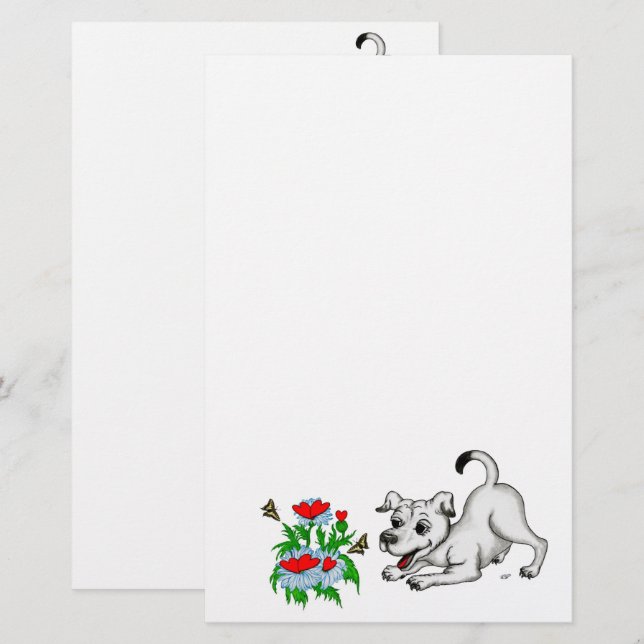 Spring Awakening, Puppy with Flowers and Butterfly Stationery (Front/Back)