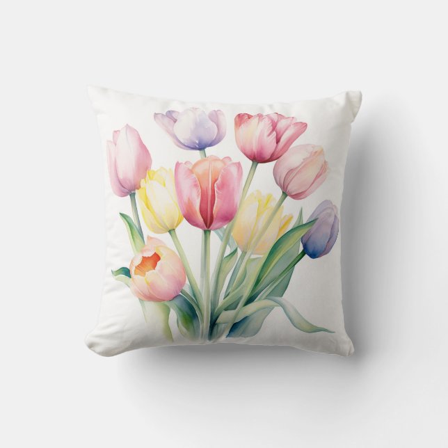 Spring Awakening - Watercolor Tulips  Throw Pillow (Front)