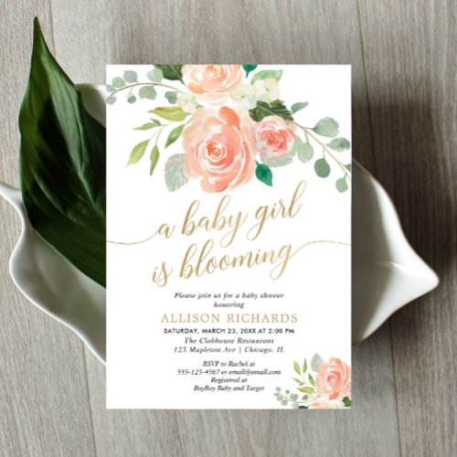 Spring baby girl is blooming peach greenery shower invitation