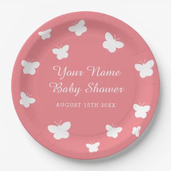 Spring Baby Shower Party Coral Pink Butterfly Paper Plates by logotees at Zazzle