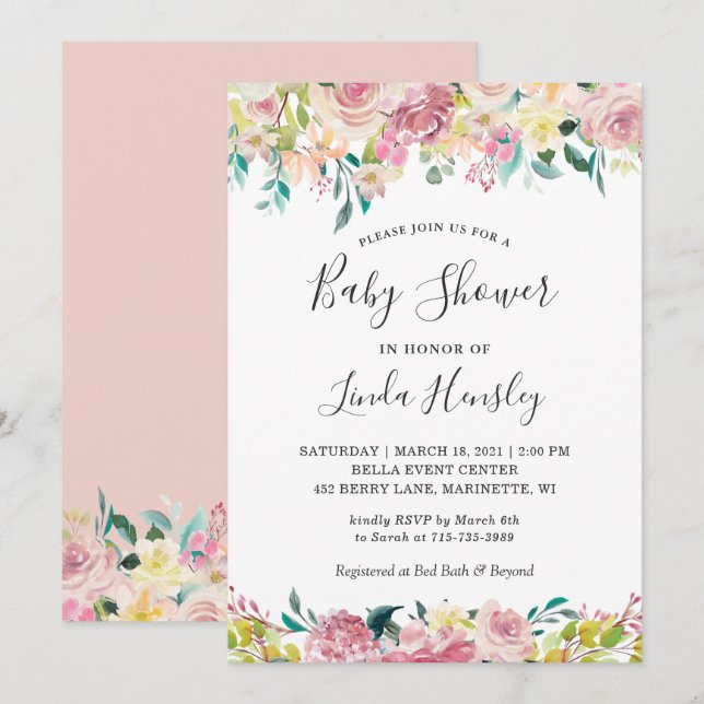 Spring Baby Shower Pastel Blush Garden Floral Invitation (Front/Back)