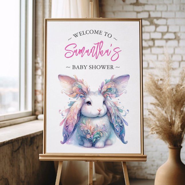 Spring Baby Shower Reversible Welcome Signs (Spring baby shower welcome sign features watercolor pastel bunny rabbit. )