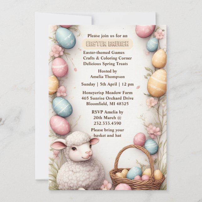 Spring Basket Eggs Wreath Watercolor Easter Lamb Invitation (Front)