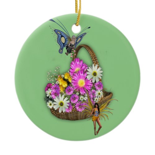 Spring basket gatherers ceramic ornament
