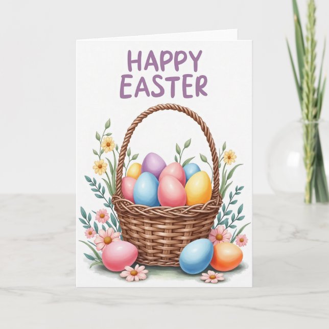 Spring Basket Pastel Eggs Happy Card (Front)