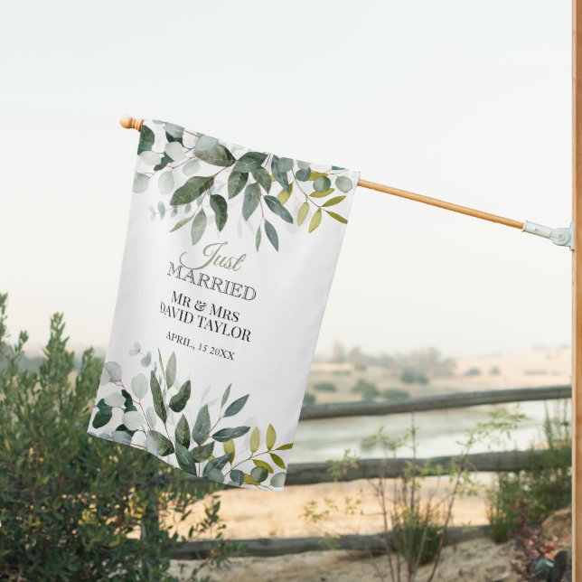 SPRING BEAUTY BOTANICAL GREENERY JUST MARRIED  HOUSE FLAG (Insitu (Back))