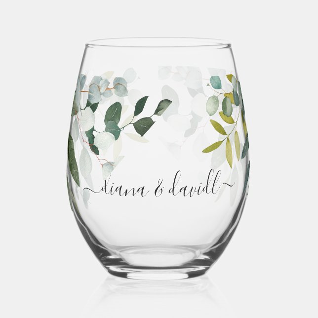 SPRING BEAUTY BOTANICAL GREENERY Wedding  Stemless Wine Glass (Left)