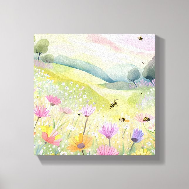 Spring Bees Flower Fields | Floral Colorful Nature Canvas Print (Front)