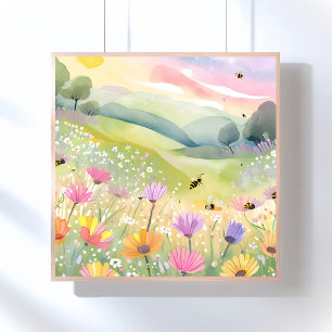 Spring Bees Flower Fields Floral Colorful Nature Poster